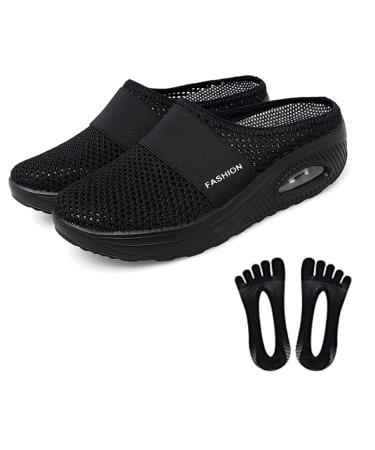LELEWANG Womens Breathable Lightweight air Cushion Slip-on Walking Slippers Orthopedic Diabetic Walking Shoes 11 Black