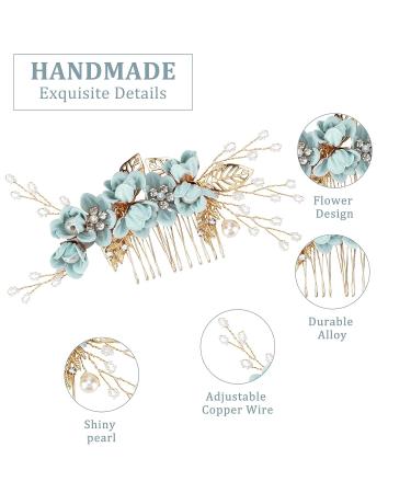 FRIUSATE 5 PCS Wedding Hair Comb Blue Flower Rhinestone Bridal Hair Accessories - Handmade Pearl Crystal Floral Leaf Clip for Women, Girls, Bride, Bridesmaids - Cyan - Buy Online on GoSupps.com