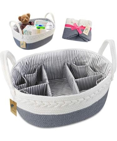 Baby Diaper Caddy Organizer - Extra Large Nappy Caddy Rope Nursery Storage Bin - Large Diaper Basket with 8 Pockets, 5 Compartments and 2 Removable Dividers