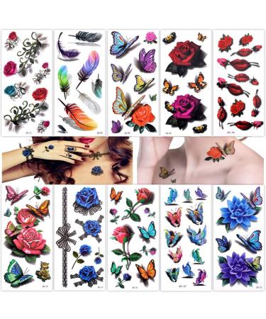 Lady Up 10 Sheets Temp Body Art Temporary Tattoos 3D Fake Tattoo for Women Girls Kids Butterfly Flower Rose Feather Pattern Waterproof Stickers Body Rose