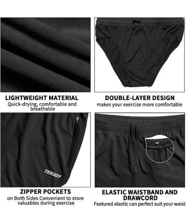 TENJOY Men's Running Shorts - Gym Athletic Workout Shorts with Zipper Pocket, Black, Medium - Buy Online on GoSupps.com