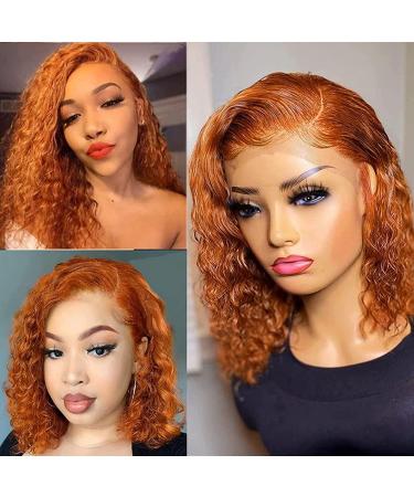 Orange T-Part Bob Wig 8 Inch Brazilian Curly Remy Human Hair Lace Front Wig 180% Density - Buy Online on GoSupps.com