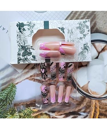 Buy 24 Pcs Long Coffin Halloween Press on Nails - SHANRUN Pink French with Spider Web Design | Full Cover Acrylic False Nails - International Shipping Available - Buy Online on GoSupps.com
