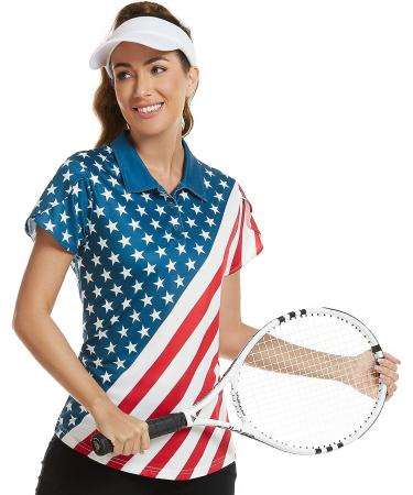 VALANCH Women's Short Sleeve Golf Polo Shirt - Lightweight Tennis Apparel with Large American Flag Print - Buy Online on GoSupps.com