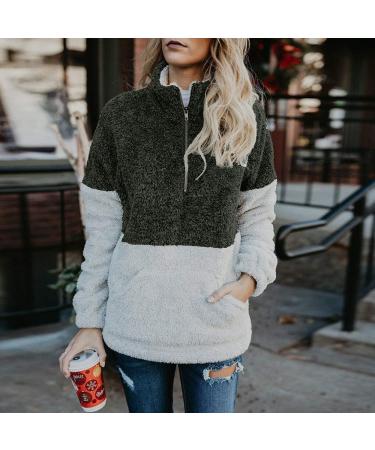 Bigfanshu Womens Tops Winter Warm Long Sleeve Stitching Leopard Plush Blouse Coat Sweater Green - Buy Online on GoSupps.com