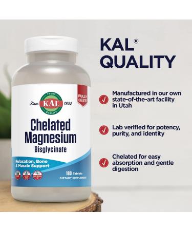 KAL Chelated Magnesium Bisglycinate Magnesium Supplement for Relaxation Bone Health Nerve & Muscle Function Support* High Absorption Gentle Digestion Vegan Gluten Free 60 Servings 180 Tablets - Buy Online on GoSupps.com
