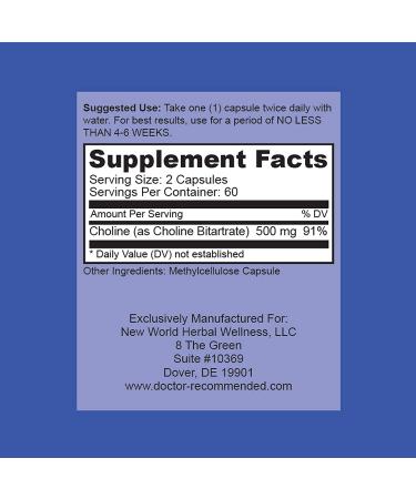 Premium Choline 500mg - 120 Veggie Capsules - Cognitive Health & Memory Support - Doctor Recommended Supplements - 120 Count - Buy Online on GoSupps.com