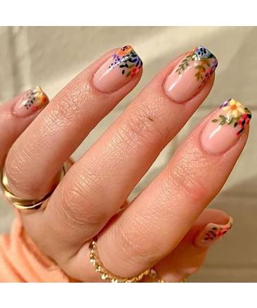 Square Fake Nails Nude Press on Nails Short Flower False Nails with Designs Leaf Full Cover Acrylic Nails Glossy Glue on Nails Stick on Nails for Woman 24Pcs Flower 11