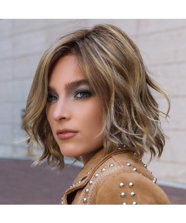 Nayun Ombre Brown Curly Bob Wig - 12 Heat Resistant Synthetic Wig with Dark Roots - Women's Stylish Wavy Hair - Buy Online on GoSupps.com