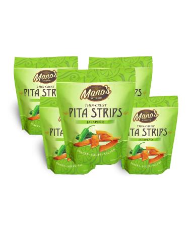 Manos Authentic Pita Chip Strips  Healthy, Thin, Snack-able, Bite Sized Pita Chips  Jalapeno (5) Pack 6.5oz each