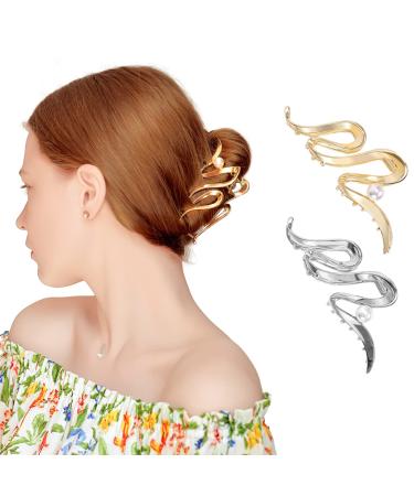 Lolalet 2 Pack Metal Hair Claw Clips Large Gold Silver Color Hair Charms for Women Girls Thick Long Hair Strong Hold Nonslip Hair Clamps Trendy Elegant -Style A