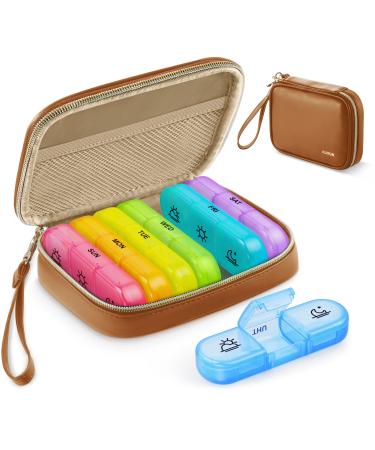 AUVON Weekly Pill Organizer 3 Times a Day Large Pill Box 7 Day with A PU Leather Bag Protabel Travel Pill Case Medication Reminder Daily Pill Box 3 Times a Day for Vitamins Fish Oils Supplements B-brown