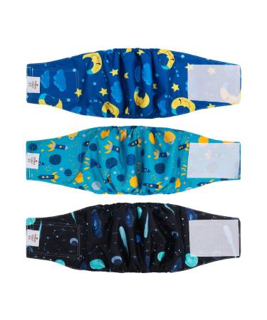 Cutebone male washable dog diapers belly bands 3 pieces reusable dog belly band for male high-suction dog wrap DM11S-DE MOON & Universe & Rocket S (28-35.5cm)