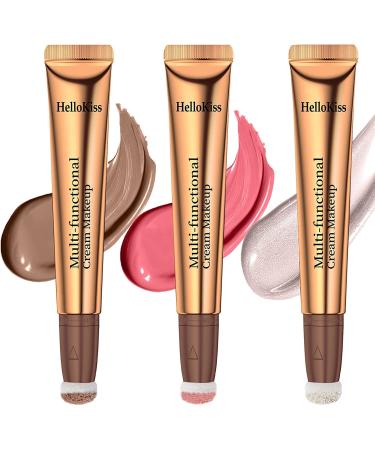 3 Pcs Contour Beauty Wand  Contour & Blush & Highlighter Stick Set with Cushion Applicator  Long Lasting Smooth Natural Matte Finish  Blendable Silky Cream Glowing Makeup Stick