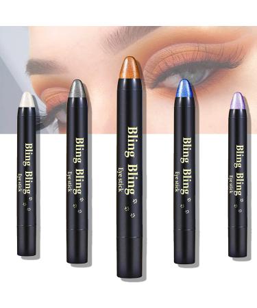 5 Colors Eyeshadow Stick Shimmer Glitter Eyeshadow Cream Eyeshadow Stick Metallic Eye Shadow Pencil Crayon Waterproof and Long Lastingeye Shadow Stick Makeup Blue, Brown, Purple, Pearl White, Gray