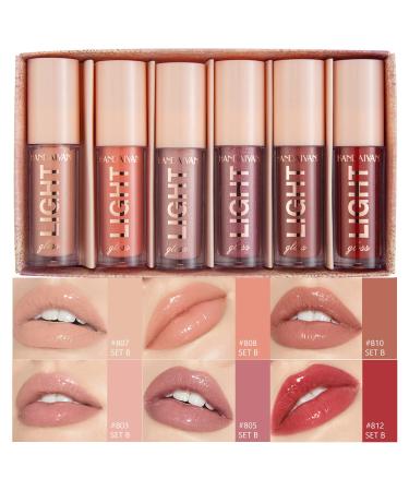 BANGFENG 6PCS Lip Oil Light Lipgloss Set Moisturizing Hydrating Lip Glow Oil Lip Gloss Kit High Shine Lip Plumping Glass Finish Lip Gloss Liquid Lipstick for Women (Set B)