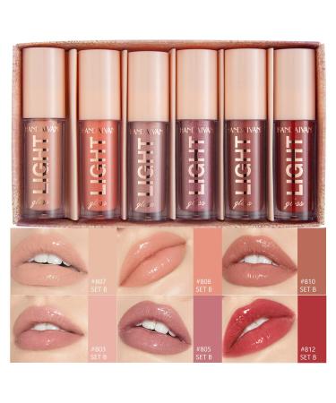 BANGFENG 6PCS Lip Oil Light Lipgloss Set Moisturizing Hydrating Lip Glow Oil Lip Gloss Kit High Shine Lip Plumping Glass Finish Lip Gloss Liquid Lipstick for Women (Set B)