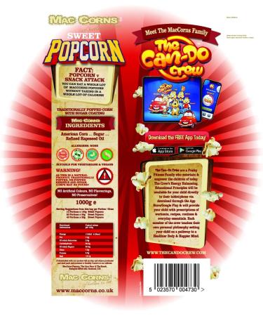 Mac-Corns (2 Pack x 1kg) Sweet Popcorn New Re-sealable Mega Pack Traditionally Popped Sweet Popcorn Free From: GM Nut Sesame Gluten Soy - Buy Online on GoSupps.com