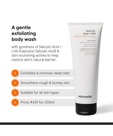 Minimalist 2% Salicylic Acid Body Wash | Acne Exfoliating Shower Gel | Sulphate Dye & Fragrance Free | 6.76 Fl Oz for Smooth Skin - Buy Online on GoSupps.com