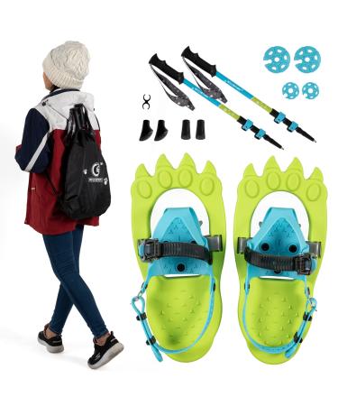 G2 16 Inch Kids Snowshoes, Storage Bag, Fast Ratchet Binding and Buckle Design, for Child Youth Boys and Girls (Green/Blue) Green(with Trekking Poles)