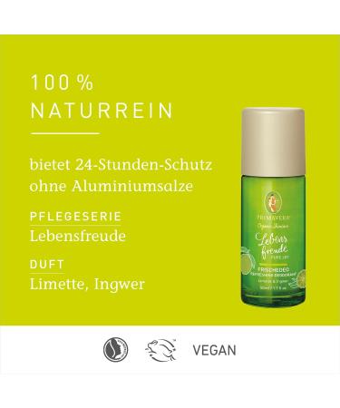  Primavera PRIMAVERA Lebensfreude Freshness 50ml - Roll-On Deodorant Natural Cosmetics - Lime Ginger Scent - 24 Hour Protection No Aluminium Salts - Vegan - Buy Online on GoSupps.com