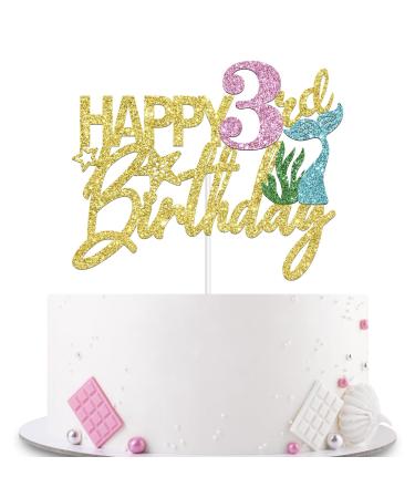 Mermaid Happy 3rd Birthday Cake Topper Gold Glitter Mermaid Three Cake Decoration Ocean Theme for Girl 3 Years Old Birthday Party Cake Decor