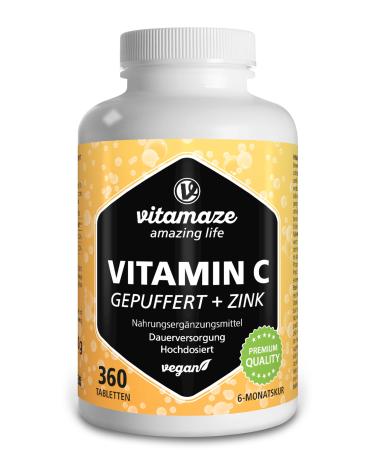 Vitamin C high-dosed buffled 1000 mg + 10 mg zinc 360 tablets vegan pH-neutral gastric free of acidity and optimally bioavailable supplement without additives made in Germany