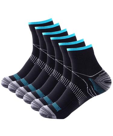 6 Pairs Johnda Compression Socks for Men and Women Plantar Fasciitis Arch Support Foot Relieve Pain Supports Heel L-XL Black/Blue