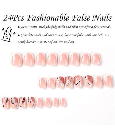 Glitter French Press on Nails - 24Pcs Square False Nails with White Design | Nail Glue Included | Full Cover Stick on Nails for Women & Girls - French Leaf Glitter - Buy Online on GoSupps.com