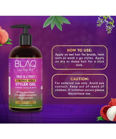 Blaq Luxury Sage & Lychee Strong Hold Styler Gel - Non-Alcoholic Non-Flaky Biotin Infused for Hair Repair & Growth - 12oz International Shipping Available - Buy Online on GoSupps.com