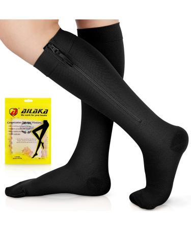Ailaka compression stockings with zip for women men 20-30 mmHg medical class 2 compression socks support stockings with zipper for varicose veins edema recovery pregnant 4x large (1 pair) black