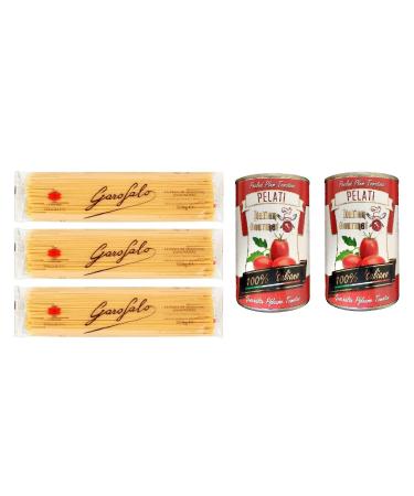 Italian Gourmet E.R. Garofalo Pack of 3 Spaghetti Pasta No. 9 (500g) + 2 Gourmet Italian Pompon Pasta 100% Italian Pelati Ganze Plum and Tomato 400g
