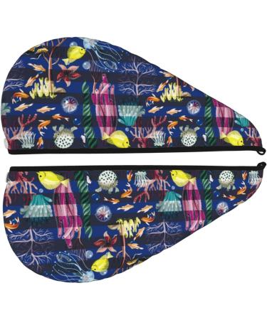 Hair Towel Wrap - Quick Drying Towel Turban with Button | Sea Inhabitants & Herb Design - Buy Online on GoSupps.com