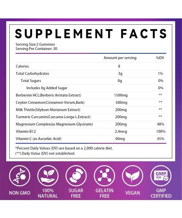 Berberine Gummies 1500mg High Potency Berberine Supplement with Ceylon Cinnamon and Milk Thistle Supports Glucose Metabolism & Natural Liver Function Vegan Sugar-Free Non-GMO 60 Count - Buy Online on GoSupps.com