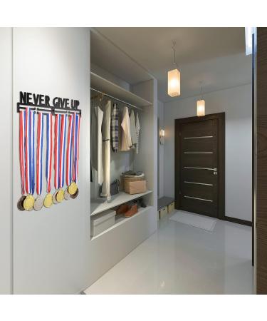 Yerliker Never Give Up Medal Holder - 16 Metal Hanger for Over 50 Medals - Easy to Install Sports Award Display for Runners, Gymnasts, Soccer Players - Wall Mount Ribbon Rack - Buy Online on GoSupps.com