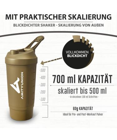 Buy Gold Protein Shaker 700ml - Leak-Proof BPA Free with Powder Compartment & Sieve | Perfect for BCAA Isolate & Whey Protein Shakes - Buy Online on GoSupps.com