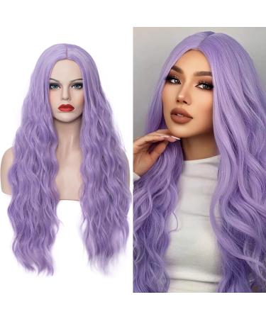 WGPFWIG Women's Pastel Purple Wig 27 Inches Long Curly Wavy Hair Wig Heat Resistant Fibers Synthetic Wig For Women Girl Cosplay Party Halloween Wig Cap Included (Pastel Purple)