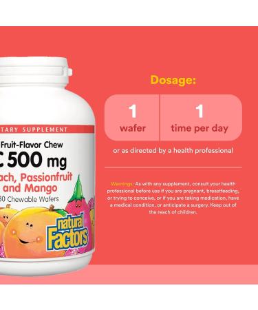 Natural Factors Kids Chewable Vitamin C 500 mg Supports Immune Health Bones Teeth and Gums Peach Passionfruit and Mango 180 Wafers Peach Passionfruit and Mango 180 Count (Pack of 1) - Buy Online on GoSupps.com