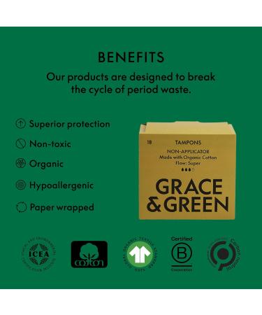 Grace and Green Organic Tampons Non Applicator Made with Organic Cotton 54x Super Tampons - Super - Buy Online on GoSupps.com
