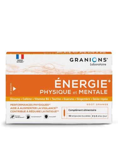 GRANIONS PHYSICAL AND MENTAL ENERGY BOOSTER | Ginseng Ginger Guarana Royal Jelly Vitamin B6 Coffeine - Memory and Concentration - Anti Fatigue Booster - 30 Drinkable Ampoules - Made in France