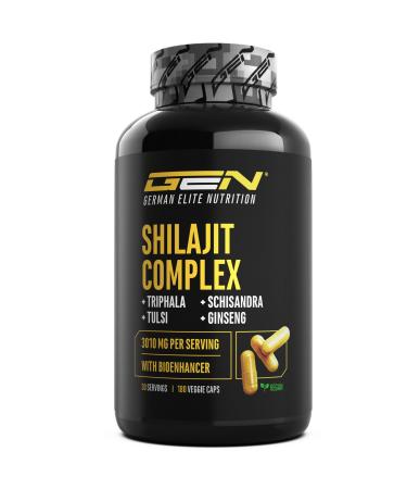 Shilajit Complex - 180 g lules - Hautement dos avec 3010 mg par portion journali re - Avec ginseng schisandra triphala extrait de tulsi 50% d'acide fulvique et 12% d'acide humique - Vegan