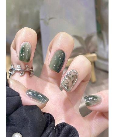 24pcs Watercolor Green Oval Press on Nails Watercolor Fake Nail Oval Coffin Green Nails Press on Nails Coffin Shape Nails