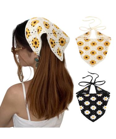 Crochet Bandana Head Kerchief Hair Scarf 2Pcs Knitted Hair Scarves Crochet Hair Kerchief Tie Bcak Headwrap Floral Hair Bandanas for Women Girls Scarf (Daisy(Black+Beige))