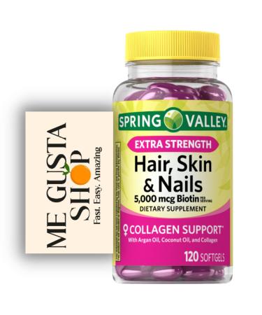 Extra Strength Hair Skin & Nails Dietary Spring Valley Supplement Biotin-Collagen-Gelatin 120ct + Me Gustas Sticker
