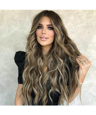 Lativ Long Wavy Wig Ombre Brown Mix Ash Blonde Wigs for Women Synthetic Hair Replacement Wigs Middle Part Natural Looking Heat Resistant Hair for Daily Party Use 26 IN Ombre Brown Mix Ash Blonde