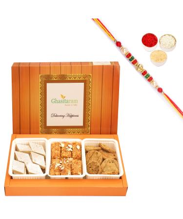 Ghasitaram Gifts Rakhi Gifts for Brothers Rakhi Sweets - Assorted Box of Kaju Katli Milk Cake and Methi Mathi with Pearl Beads Rakhi Kaju Katli Milk Cake and Methi Mathi with Rakhi