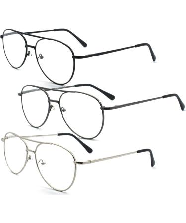3-Pack Metal Frame Aviator Reading Glasses for Men & Women - Spring Hinge - Black Gunmetal Silver - 2.0x Magnification - Buy Online on GoSupps.com