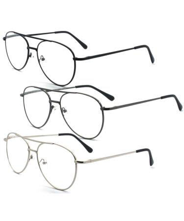 Metal Frame Aviator Style Reading Glasses with Spring Hinge for Men and Women 3pk-black gunmetal and Silver 2.0 x