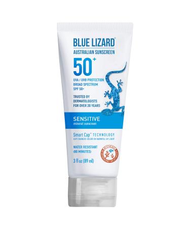 Blue Lizard SENSITIVE Mineral Sunscreen with Zinc Oxide  SPF 50+  Water Resistant  UVA/UVB Protection with Smart Cap Technology - Fragrance Free  3 oz. Tube