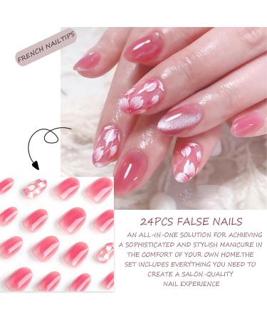False Nails Short - 24Pcs Almond Fake Nails with Glue - Blush Pink Flower Press on Nails Pattern - Oval Stick on Nails - French Nail Tips with Nail Glue for Women Girls Nail Art (Pink Blush Glitter) Floral - Buy Online on GoSupps.com